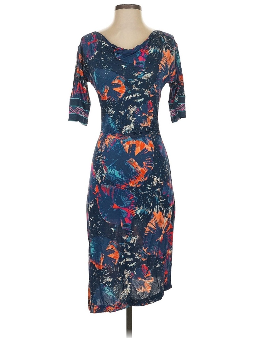BCBGMaxAzria Navy Floral Cowl Neck Midi Dress with Orange & Teal Accents